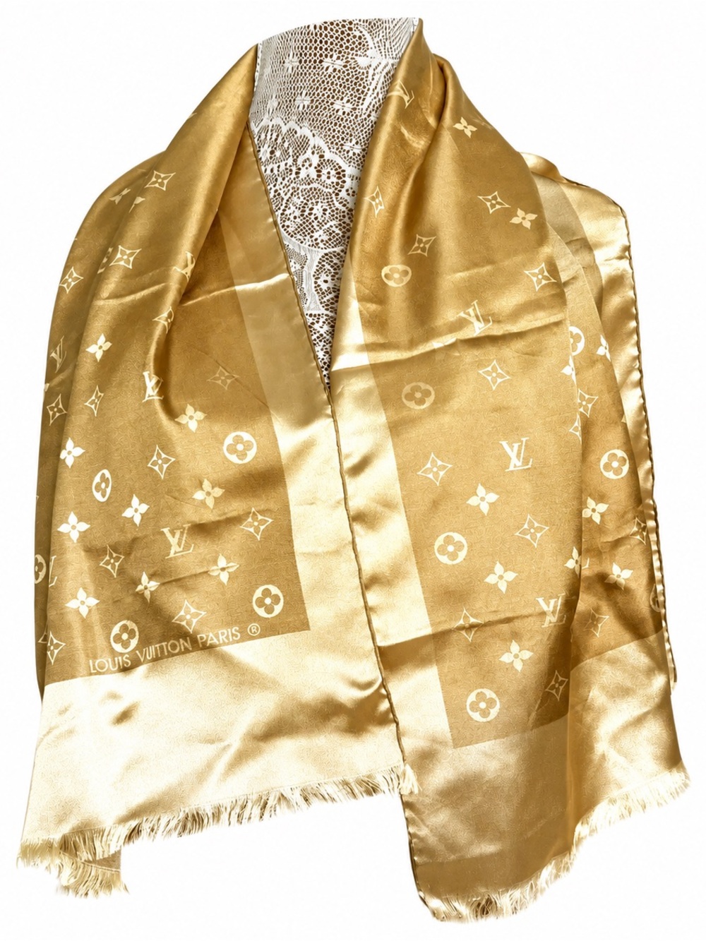 Louis Vuitton Monogram 100% Pure Silk Fringe Scarf/Wrap – Gold Metallic
